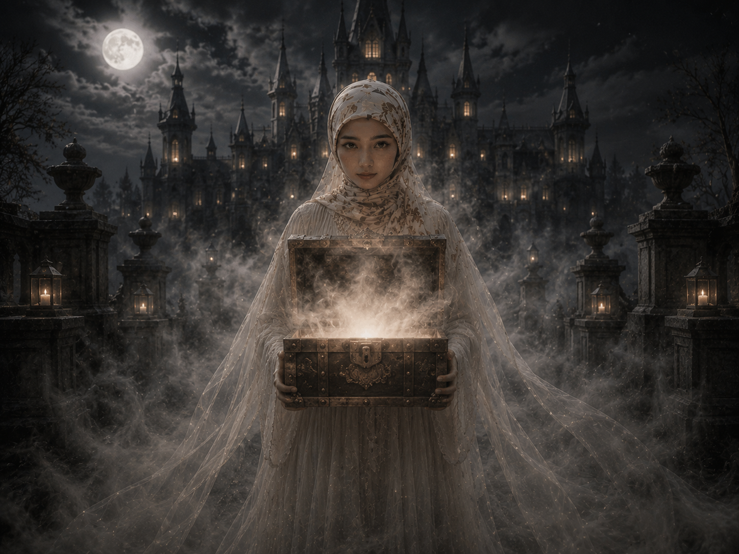 Woman in a moonlit garden holding a glowing chest
